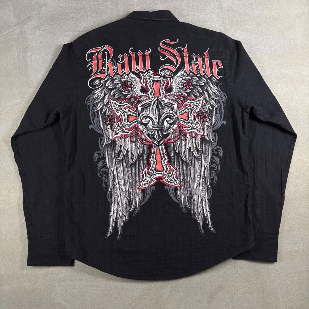 Raw State Mens Button Down Shirt Large Black Winged Cross Fleur De Lis Y2K MMA